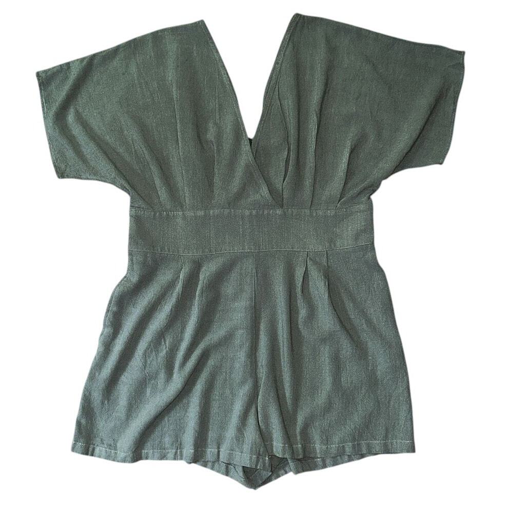 Cider Linen-Blend V-Neck Sage Green Pocket Romper Women's Size 10 - Picture 2 of 9
